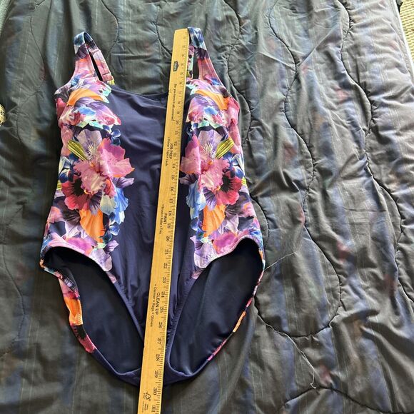 Lands End Swimsuit 12 Large One Piece Floral Built In Bra Lined Navy Blue Purple - Picture 12 of 15